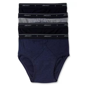 Pack of five Jockey men's briefs in shades of black, gray, and navy, featuring a branded waistband.