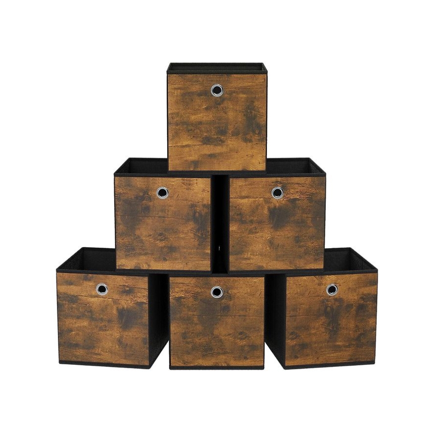 Stacked fabric storage cubes with a rustic brown texture and metallic grommets, arranged in a pyramid shape.