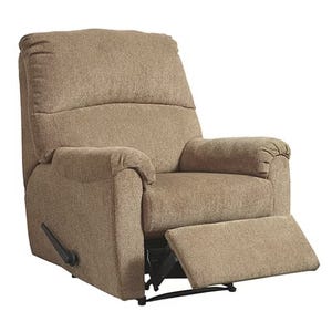 A tan fabric recliner chair with a footrest extended, featuring a manual lever on the side for adjustment.