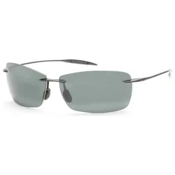 Rimless sunglasses with rectangular polarized lenses and sleek, thin, metal arms.