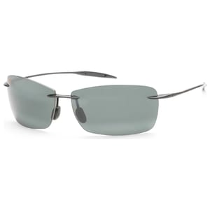 Rimless sunglasses with rectangular polarized lenses and sleek, thin, metal arms.