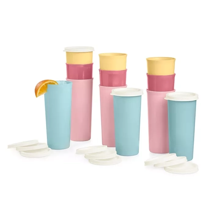 A 24-piece Tupperware tumbler set featuring pastel-colored cups and lids, including blue, pink, and yellow options. Each tumbler has a lid for storage or sealing, suitable for various drinks.
