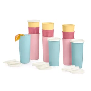 A 24-piece Tupperware tumbler set featuring pastel-colored cups and lids, including blue, pink, and yellow options. Each tumbler has a lid for storage or sealing, suitable for various drinks.