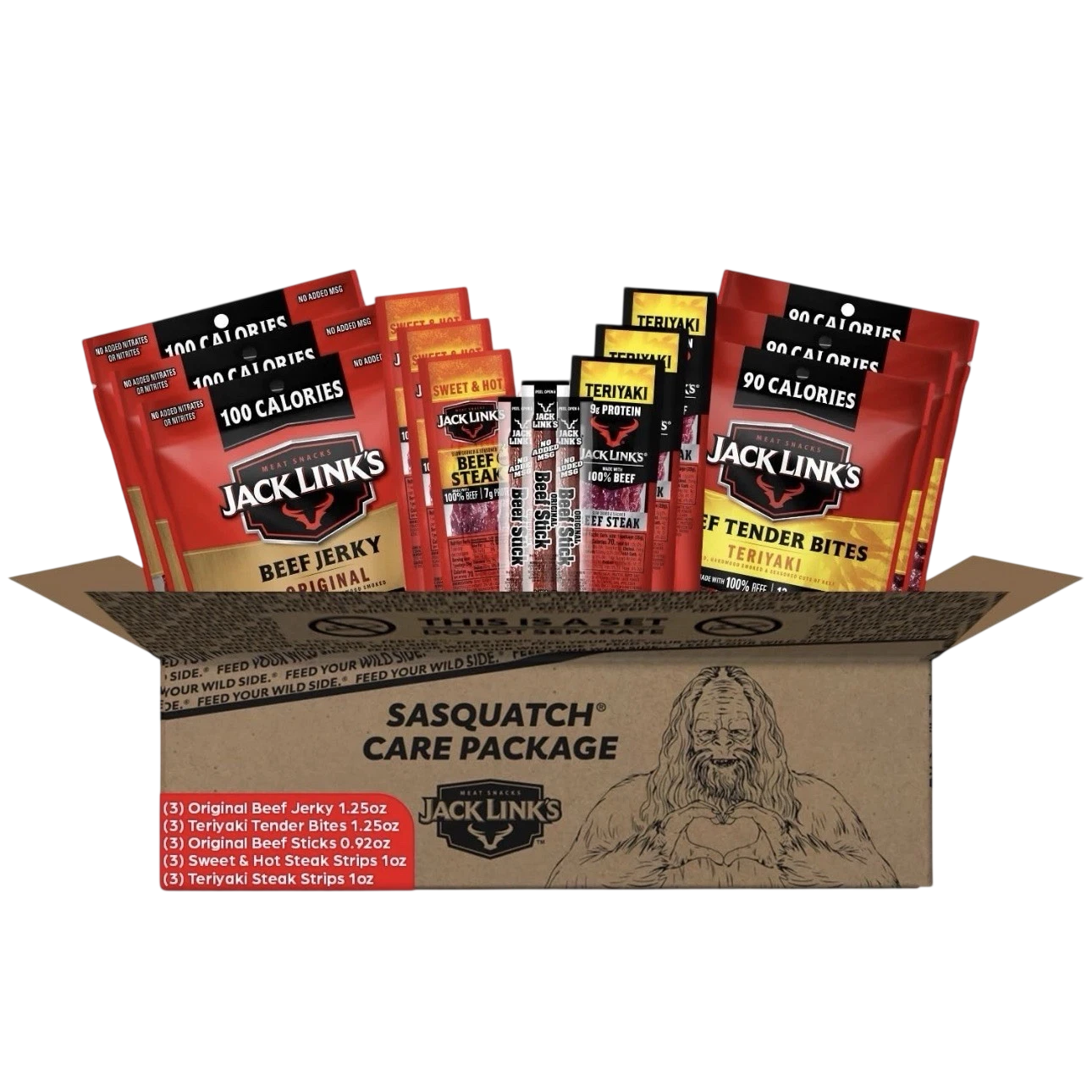 Jack Link's Sasquatch Care Package includes Original Beef Jerky, Teriyaki Tender Bites, Original Beef Sticks, Sweet & Hot Steak Strips, and Teriyaki Steak Strips, with various calorie counts and no added MSG or nitrates.
