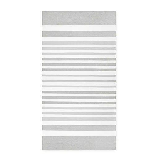 A rectangular beach towel with horizontal gray and white stripes.