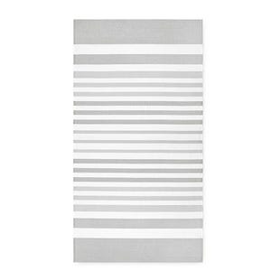 A rectangular beach towel with horizontal gray and white stripes.