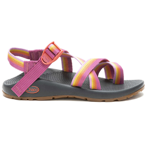 Chaco Z/2 Adjustable Strap Classic Sandals feature pink, purple, and yellow striped straps with a single toe loop, a black textured footbed, and a brown rubber sole.