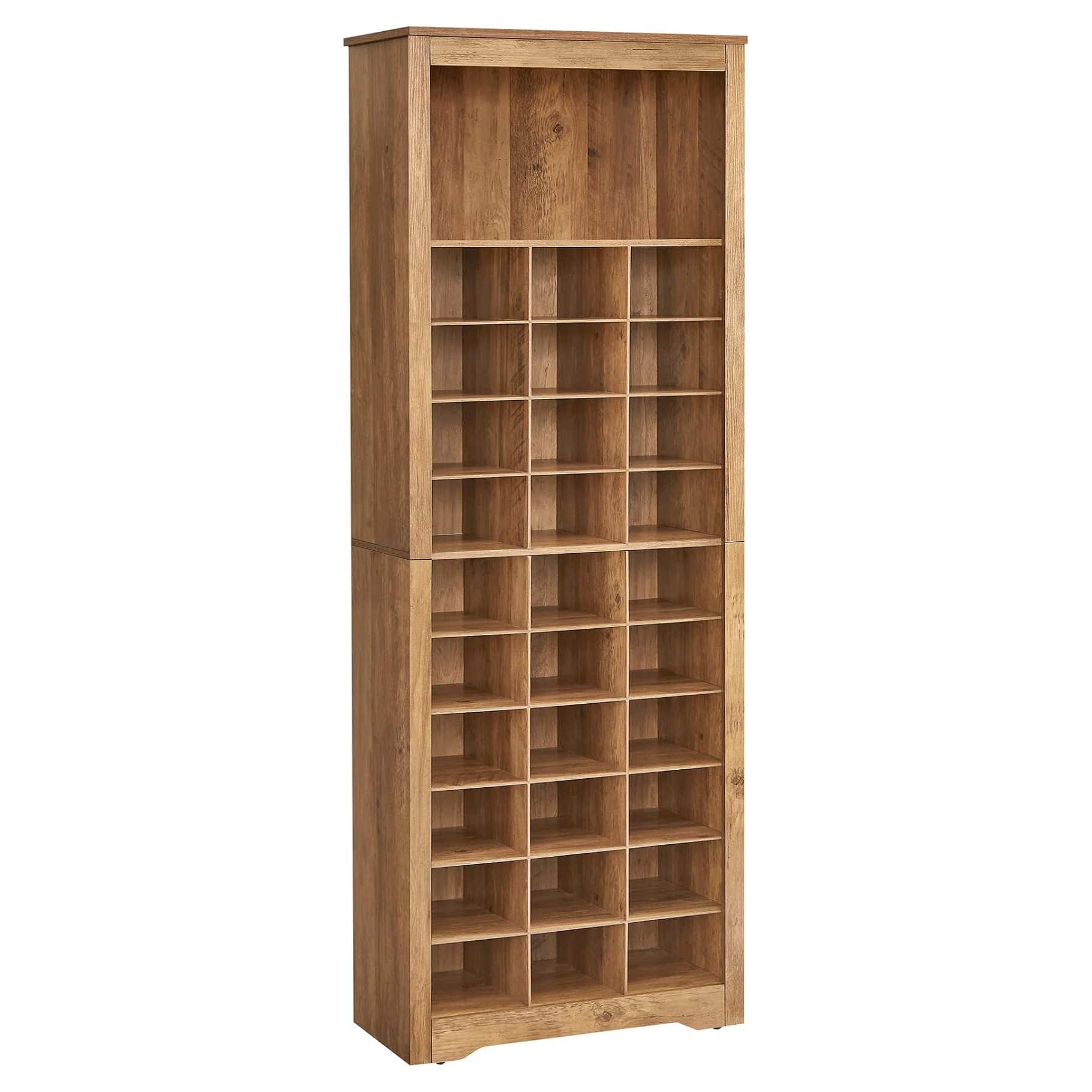 A tall, wooden shoe storage rack with multiple cubbyholes for organizing footwear, featuring a natural wood finish.