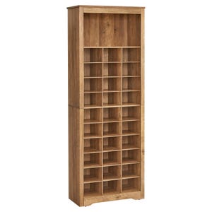 A tall, wooden shoe storage rack with multiple cubbyholes for organizing footwear, featuring a natural wood finish.