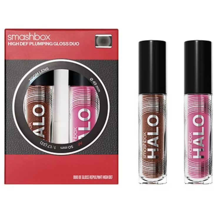 Smashbox High Def Plumping Gloss Duo featuring two lip glosses in brown and pink shades.