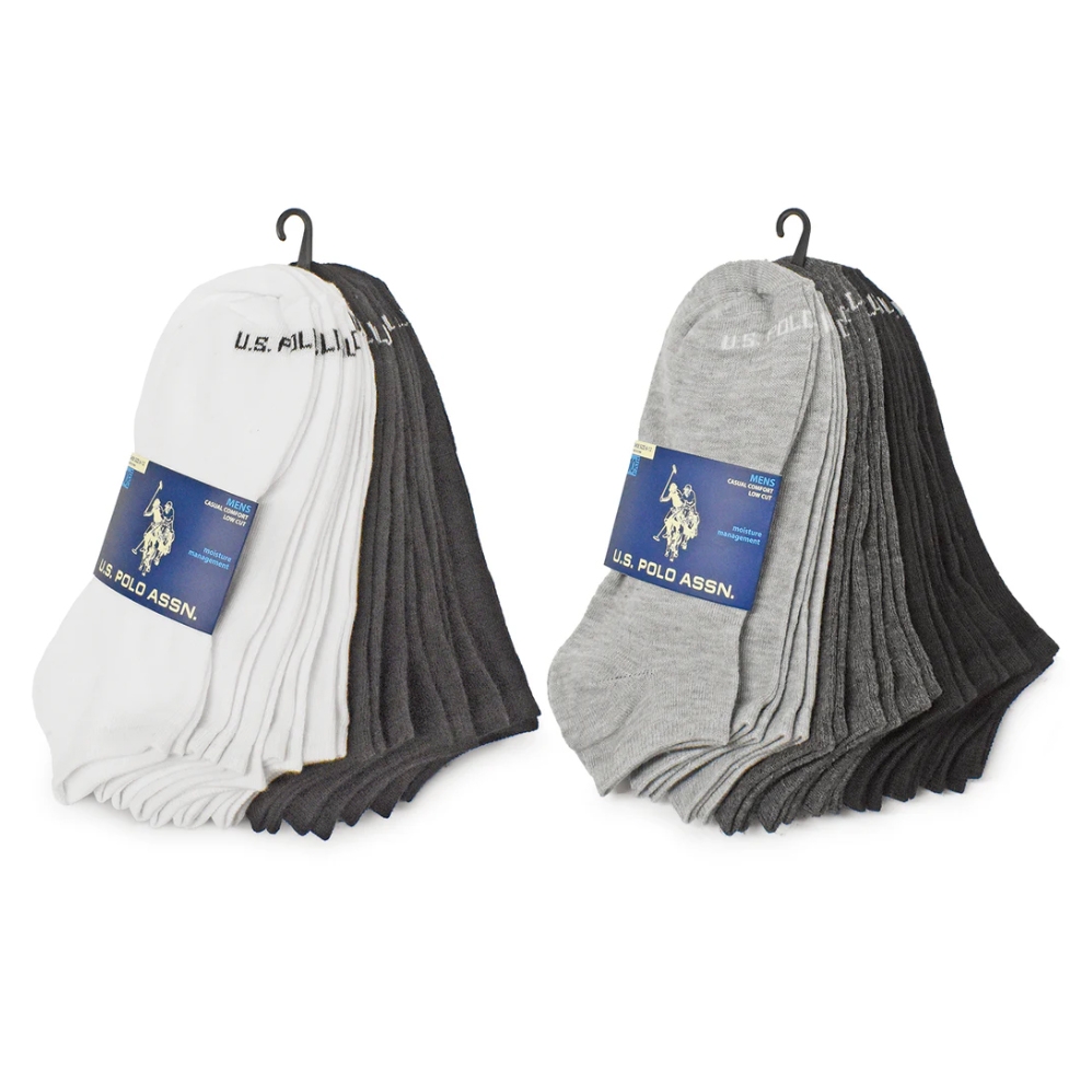 Two sets of low-cut socks are displayed, one in white and one in gray, each containing 20 pairs hung on black hangers with branded labels.