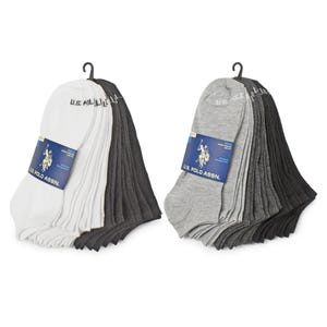 Two sets of low-cut socks are displayed, one in white and one in gray, each containing 20 pairs hung on black hangers with branded labels.