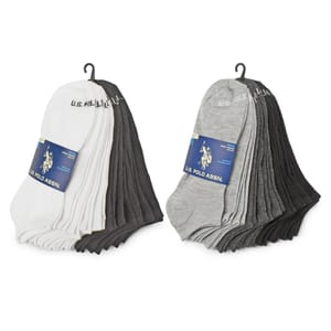 Two sets of low-cut socks are displayed, one in white and one in gray, each containing 20 pairs hung on black hangers with branded labels.