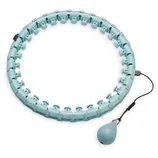A blue weighted hula hoop with adjustable tension sections and a detachable weight on a cord.