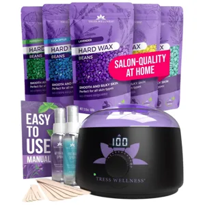 Tress Wellness at-home waxing kit includes hard wax beans in lavender, eucalyptus, and peppermint, a wax warmer, pre-wax and after-wax sprays, and wooden applicators, designed for smooth skin without strips.
