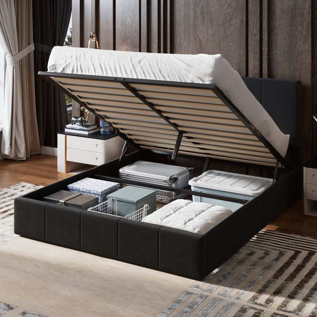 A storage bed with a hydraulic lift mechanism reveals organized compartments containing suitcases, storage boxes, and bedding.