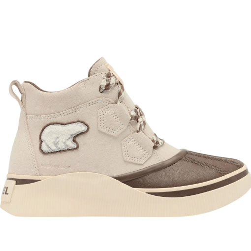 Beige high-top sneakers with brown accents, featuring a fuzzy white patch and hexagonal eyelets. The sole is thick and textured for added grip.