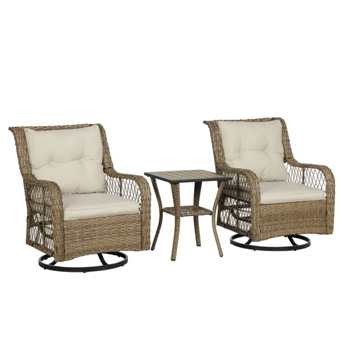 A 3-piece patio set includes two beige-cushioned, wicker-style swivel glider chairs and a matching square side table with a woven pattern and metal legs.