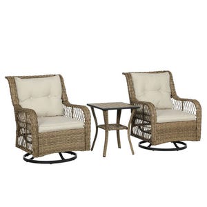 A 3-piece patio set includes two beige-cushioned, wicker-style swivel glider chairs and a matching square side table with a woven pattern and metal legs.