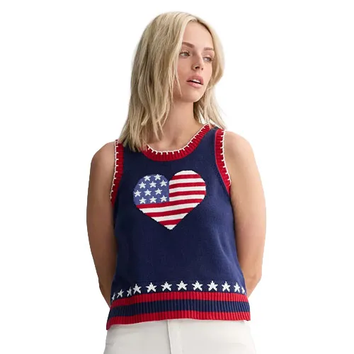 Sleeveless knit top with a large heart featuring the American flag design on the front, complemented by red, white, and blue accents and star patterns along the hem.
