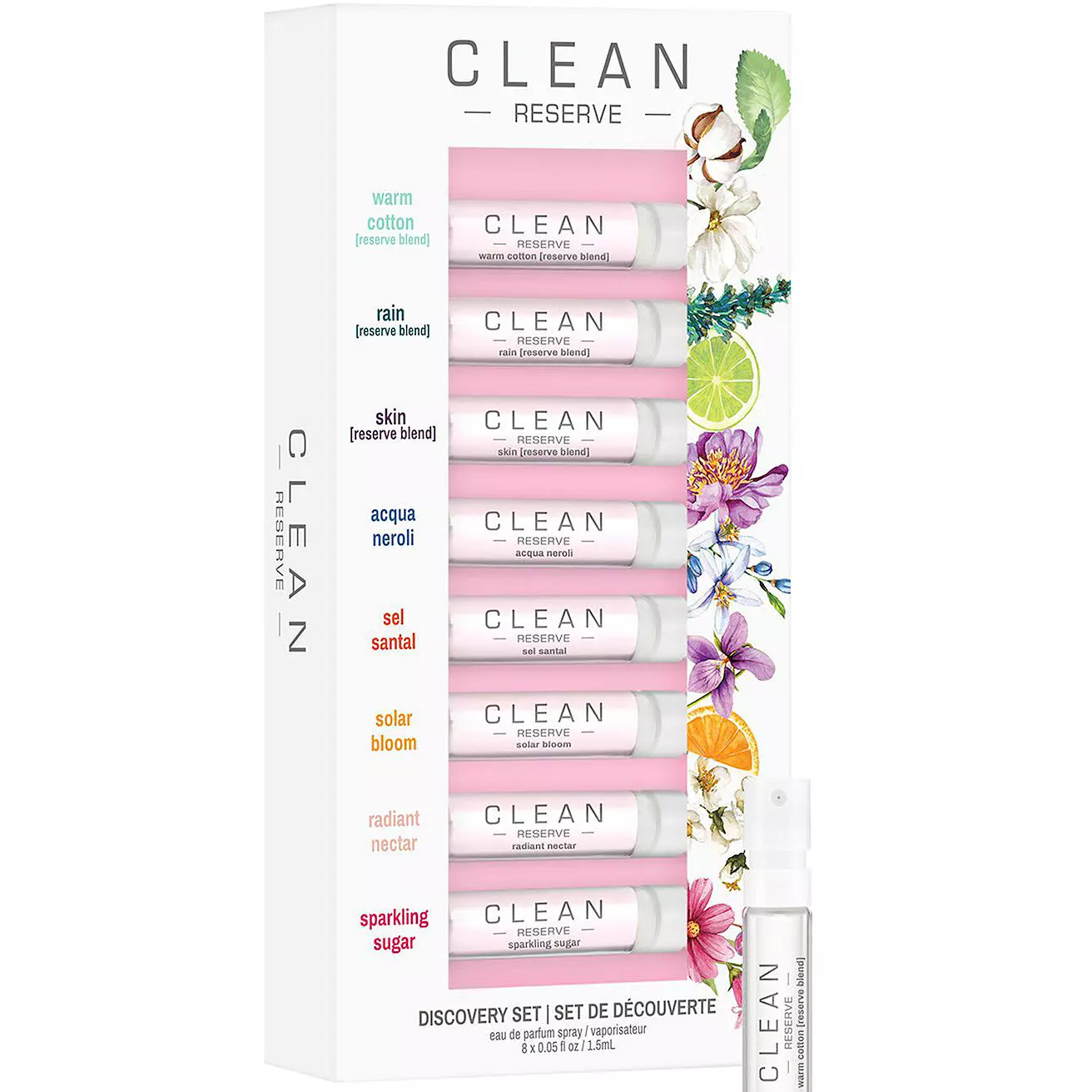 Clean Reserve Fragrance Sampler includes eight 1.5 mL sprays: Warm Cotton, Rain, Skin, Acqua Neroli, Sel Santal, Solar Bloom, Radiant Nectar, Sparkling Sugar.