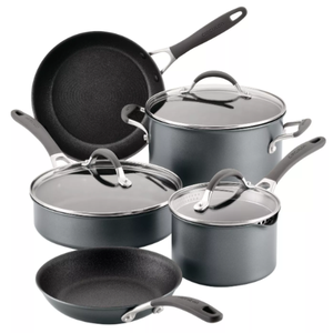 A nonstick cookware set featuring two frying pans, a saucepan with lid, a sauté pan with lid, and a stockpot with lid.