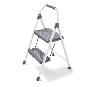 A white two-step ladder with gray, non-slip steps and a padded handle for stability.