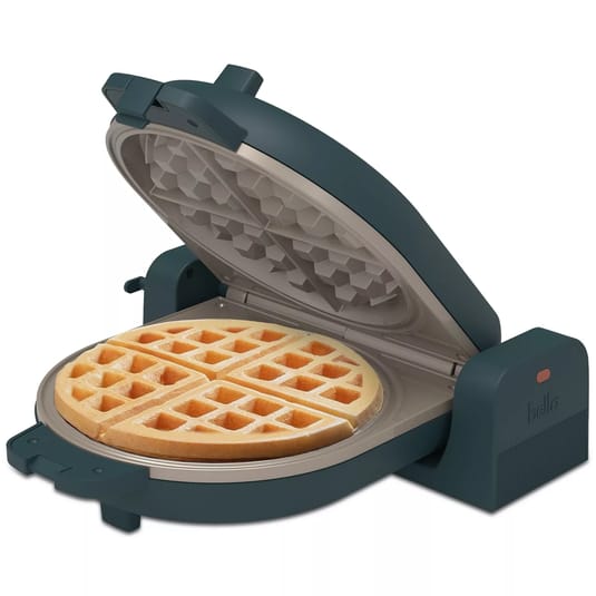 A waffle maker with a round, sectioned waffle inside, featuring a non-stick cooking surface and a dark blue exterior.