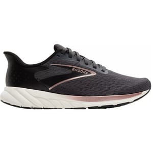 A black Brooks running shoe with a subtle pink accent and a white sole is shown.