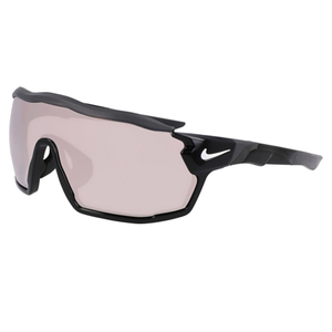 Nike Show X Rush Wrap Sunglasses feature a black frame with a wraparound design and tinted lenses, offering a sporty and sleek look.