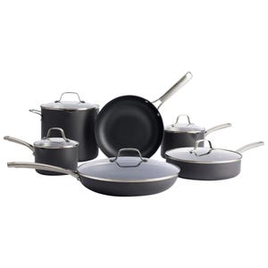 Cookware set featuring a variety of nonstick pots and pans, each with stainless steel handles and glass lids.