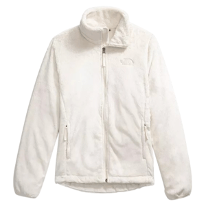 A white, full-zip fleece jacket with a high collar and two side pockets.