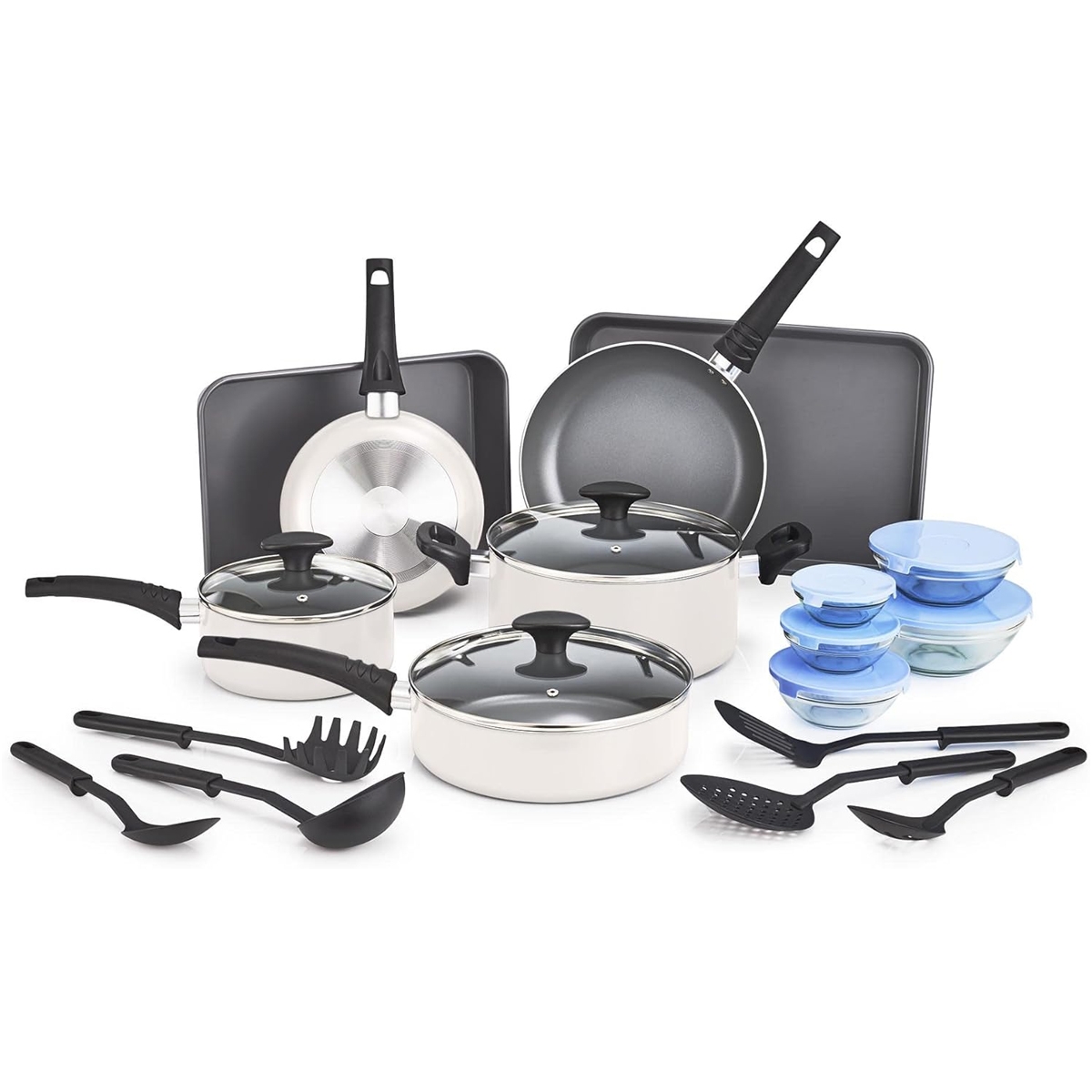 The 21pc Bella Cookware Set includes saucepans, frying pans, bakeware, bowls with lids, and assorted utensils like ladles and spatulas, featuring black handles and glass lids for the pots.