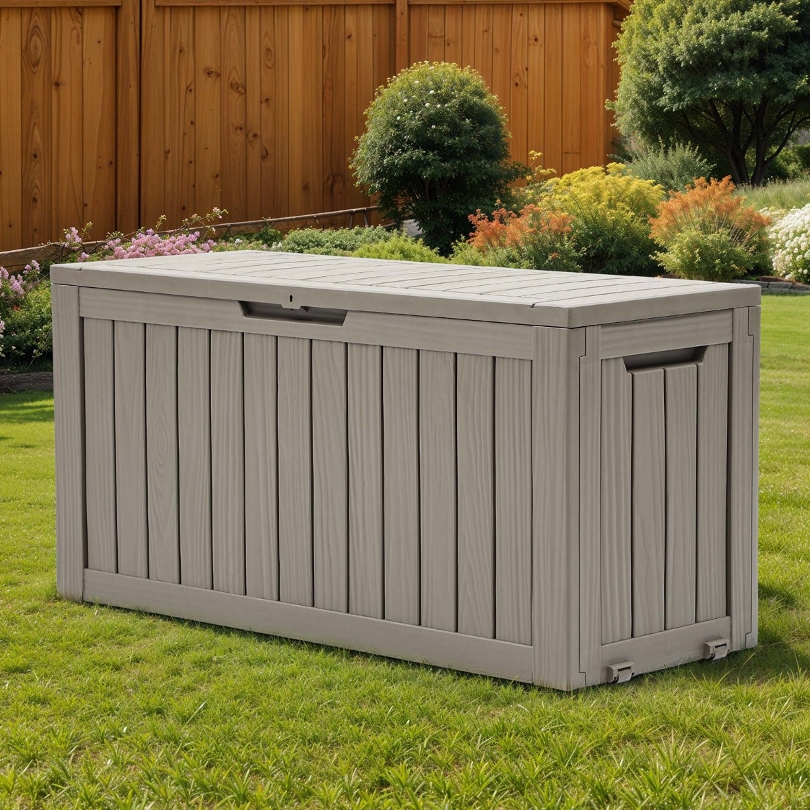 Outdoor storage box with a wood-like textured finish, featuring a flat lid and handles for easy access, set on a lawn with a garden and wooden fence in the background.