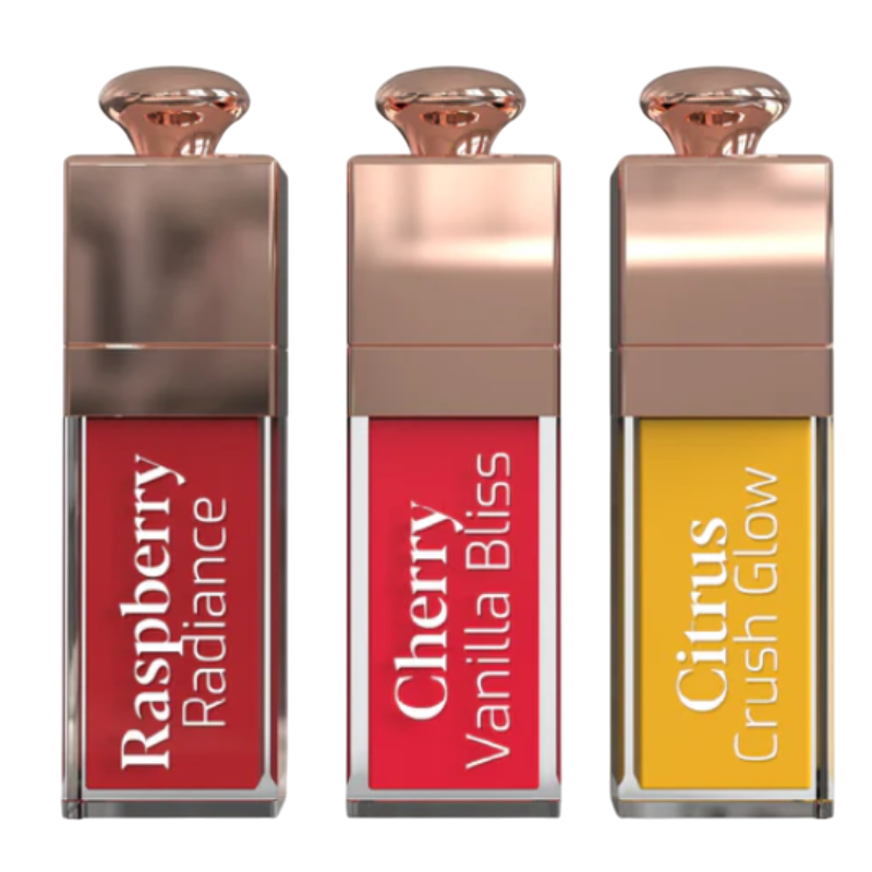 Three lip gloss tubes labeled \“Raspberry Radiance,\“ \“Cherry Vanilla Bliss,\“ and \“Citrus Crush Glow\“ with rose gold caps.