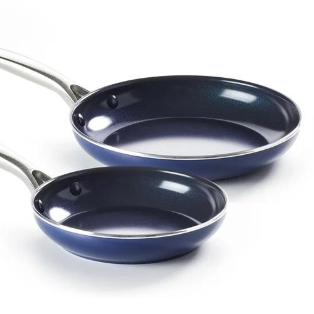 Two nonstick frying pans with blue interiors and stainless steel handles, one larger than the other.