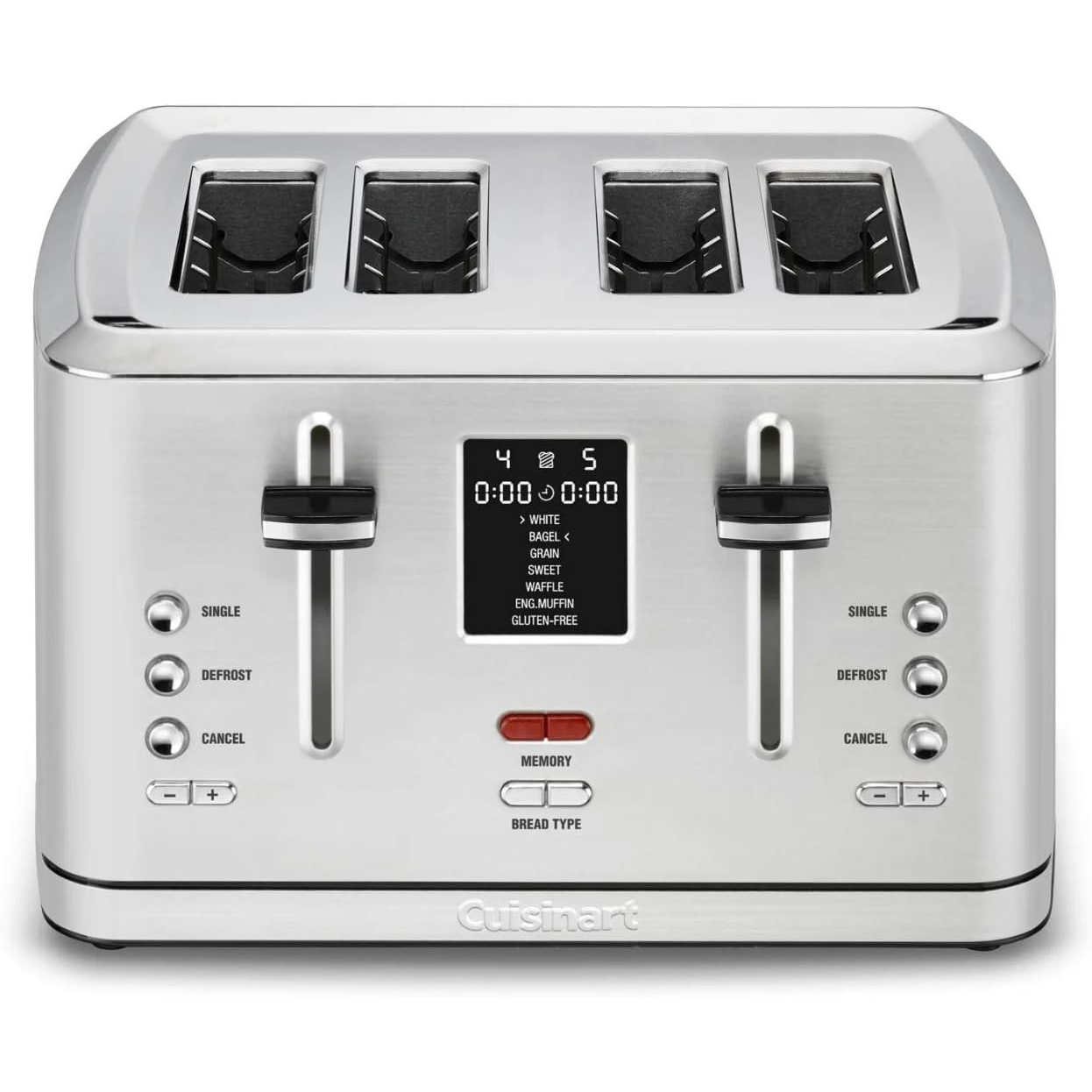 Refurbished Cuisinart 4-Slice Toaster features dual controls, LCD display, and multiple functions like defrost, bagel, and gluten-free options. It includes a memory function and adjustable browning controls.