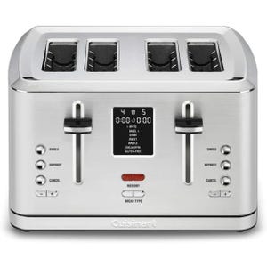 Refurbished Cuisinart 4-Slice Toaster features dual controls, LCD display, and multiple functions like defrost, bagel, and gluten-free options. It includes a memory function and adjustable browning controls.