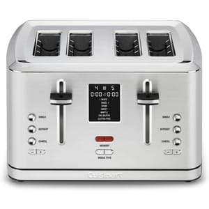Refurbished Cuisinart 4-Slice Toaster features dual controls, LCD display, and multiple functions like defrost, bagel, and gluten-free options. It includes a memory function and adjustable browning controls.