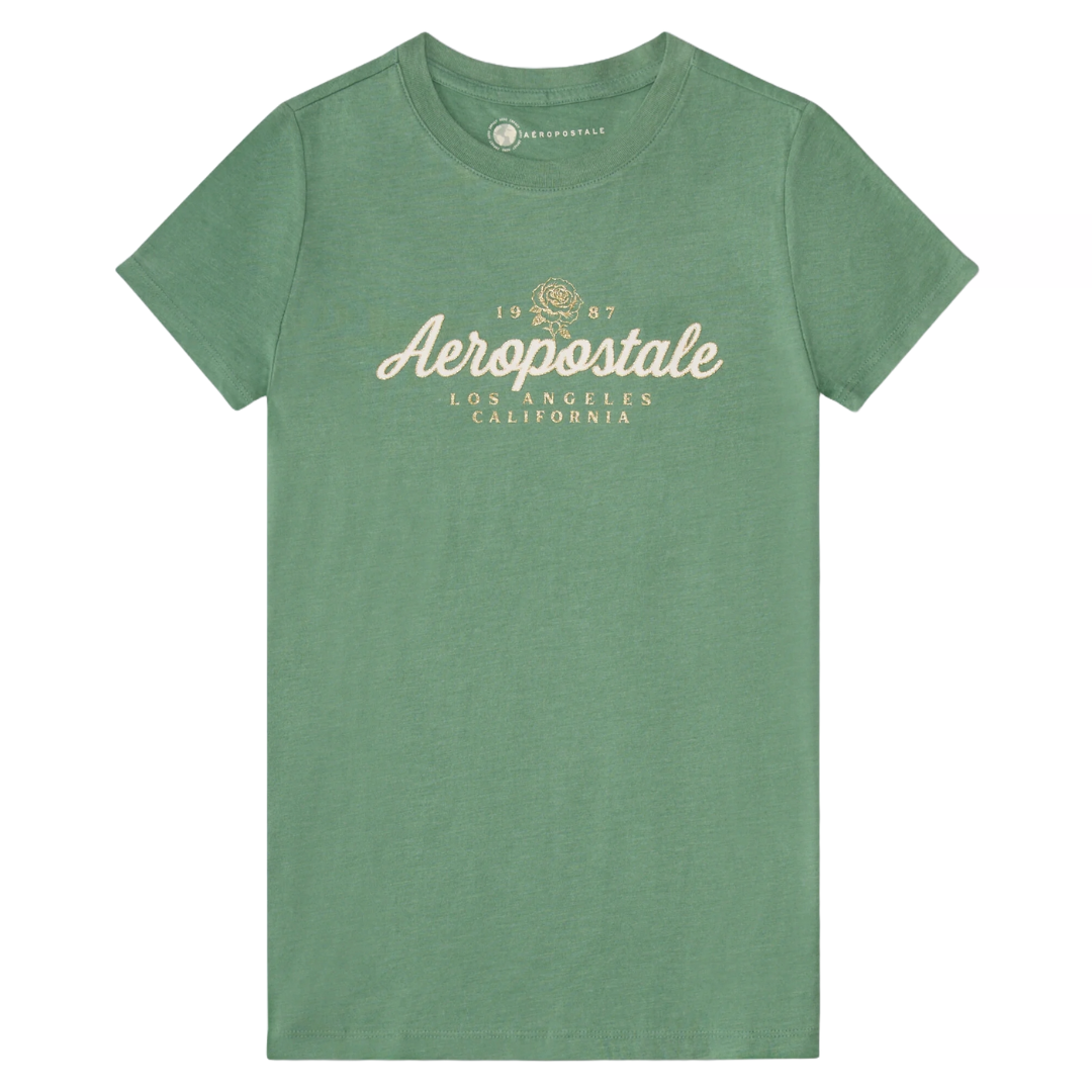 Green T-shirt displaying \“Aeropostale,\“ \“Los Angeles, California,\“ and \“1987\“ with a floral emblem.