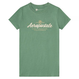 Green T-shirt displaying \“Aeropostale,\“ \“Los Angeles, California,\“ and \“1987\“ with a floral emblem.
