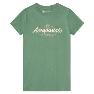 Green T-shirt displaying \“Aeropostale,\“ \“Los Angeles, California,\“ and \“1987\“ with a floral emblem.