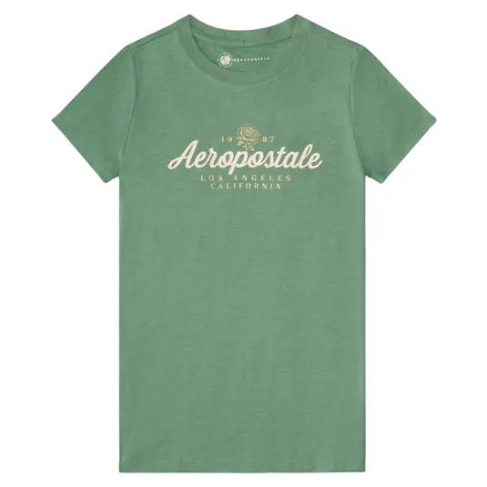 Green T-shirt displaying \“Aeropostale,\“ \“Los Angeles, California,\“ and \“1987\“ with a floral emblem.