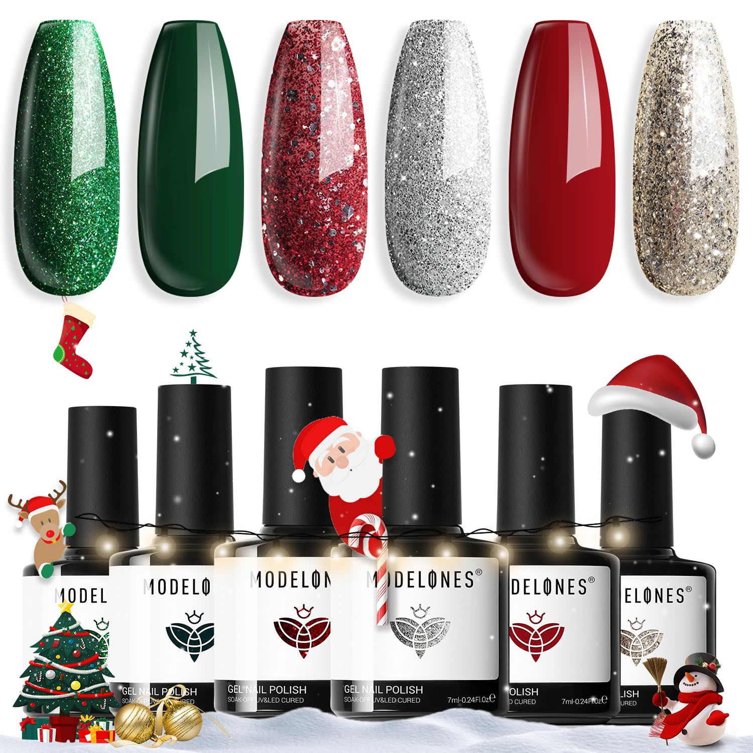 A 6-piece holiday gel nail polish set featuring green, red, and gold shades with glitter and solid finishes. Included decorations are Santa, reindeer, and Christmas trees, enhancing the festive theme.