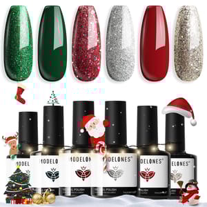 A 6-piece holiday gel nail polish set featuring green, red, and gold shades with glitter and solid finishes. Included decorations are Santa, reindeer, and Christmas trees, enhancing the festive theme.