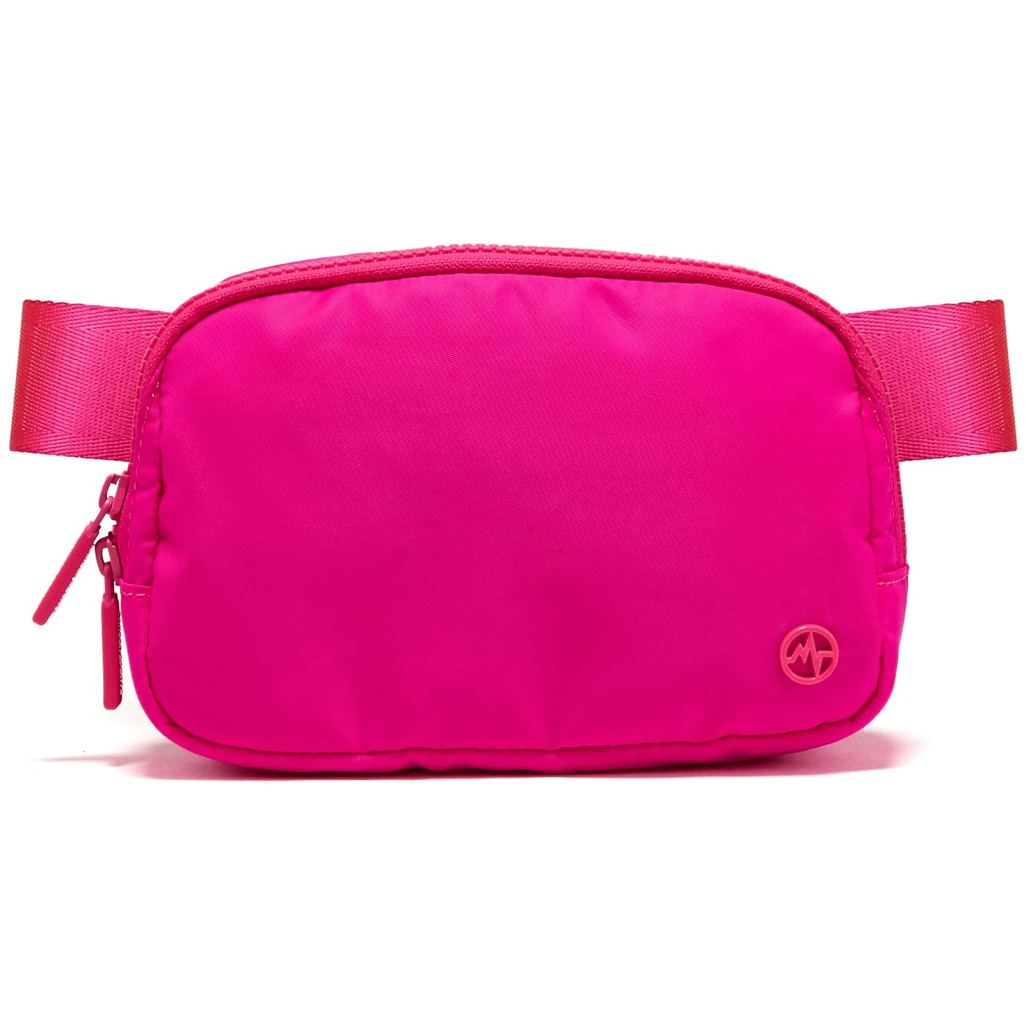 A bright pink belt bag with a minimalist design and a small logo on the bottom right corner, featuring a zipper closure and an adjustable strap.
