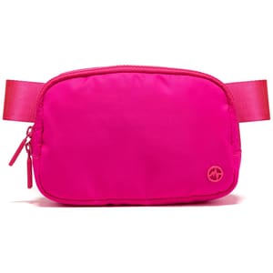 A bright pink belt bag with a minimalist design and a small logo on the bottom right corner, featuring a zipper closure and an adjustable strap.