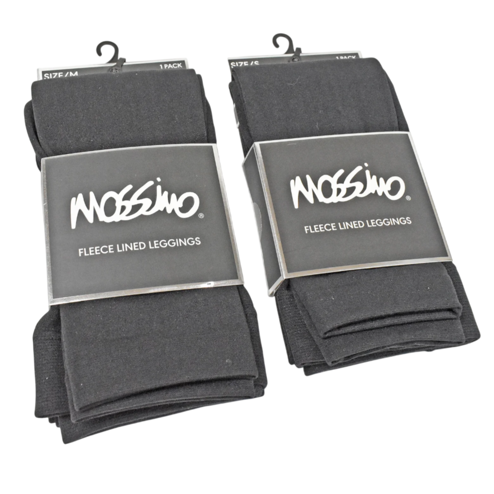 Two packs of Mossimo fleece-lined leggings, one in size M and the other in size S, are displayed with black packaging and white logos.