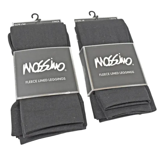 Two packs of Mossimo fleece-lined leggings, one in size M and the other in size S, are displayed with black packaging and white logos.