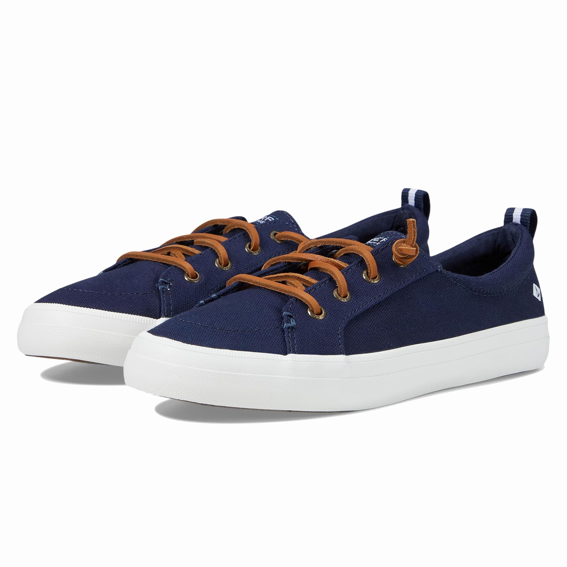 Navy blue canvas sneakers with white rubber soles and brown laces, featuring a low-top design and pull tabs at the heel.